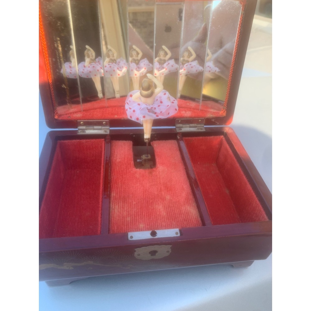 Vintage Japanese Lacquer Ballerina Music Jewelry Box Peacock Moon Red Velvet